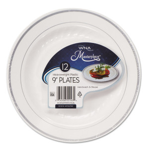 WNA Masterpiece Plastic Plates, 9" dia, White/Silver, 10/Pack, 12 Packs/Carton (WNARSM91210WS) View Product Image