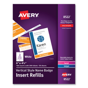 Avery Name Badge Insert Refills, Vertical, 4 1/4 x 6, White, 100/Pack