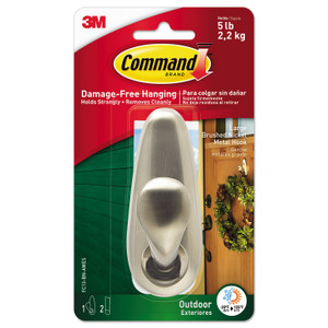 Command All Weather Hooks and Strips, Large, Metal, Brushed Nickel, 5 lb Capacity, 1 Hook and 2 Strips