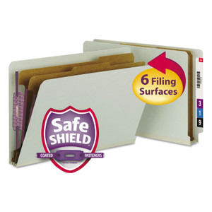 Smead End Tab Pressboard Classification Folders, Six SafeSHIELD Fasteners, 2" Expansion, 2 Dividers, Legal Size, Gray-Green, 10/Box