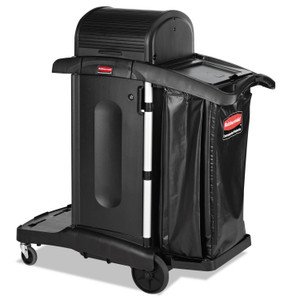 Rubbermaid Commercial Executive High Security Janitorial Cleaning Cart, Plastic, 4 Shelves, 1 Bin, 23.1" x 39.6" x 27.5", Black