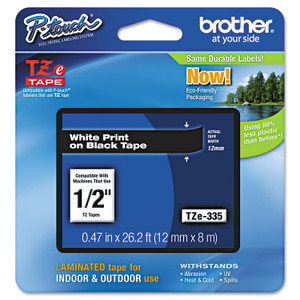 Brother P-Touch TZe Standard Adhesive Laminated Labeling Tape, 0.47" x 26.2 ft, White on Black (BRTTZE335) View Product Image