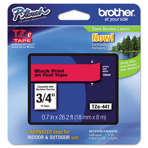 Brother P-Touch TZe Standard Adhesive Laminated Labeling Tape, 0.7" x 26.2 ft, Black on Red (BRTTZE441) View Product Image