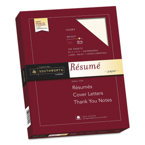 Southworth 100% Cotton Resume Paper, 32 lb Bond Weight, 8.5 x 11, Ivory, 100/Pack (SOURD18ICF) View Product Image