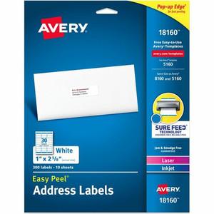 Avery Easy Peel Address Labels - Sure Feed Technology - 1" Width x 2 5/8" Length - Permanent Adhesive - Rectangle - Inkjet, Laser