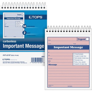 TOPS 1CPP Duplicate Important Message Book - 50 Sheet(s) - Spiral Bound - 2 Part - Carbonless Copy - 6" x 4.25" Form Size