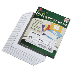 AbilityOne 7530015144913 SKILCRAFT Recycled Laser and Inkjet Labels, Inkjet/Laser Printers, 1 x 4, White, 20/Sheet, 100 Sheets/Box (NSN5144913) View Product Image