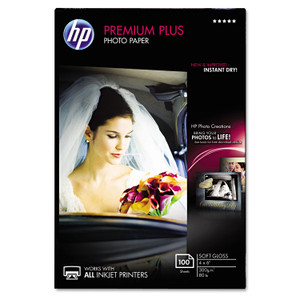 HP Premium Plus Photo Paper, 11.5 mil, 4 x 6, Soft-Gloss White, 100/Pack (HEWCR666A) View Product Image
