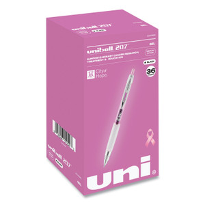uniball 207 Breast Cancer Awareness Gel Pen Office Pack, Retractable, Medium 0.7mm, Black Ink, Translucent Pink/White Barrel, 36/Pack