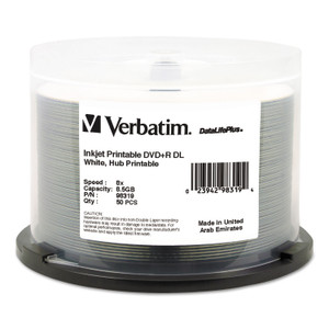 Verbatim DVD+R Dual Layer Printable Recordable Disc, 8.5 GB, 8x, Spindle, White, 50/Pack (VER98319) View Product Image