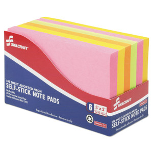 AbilityOne 7530014181420 SKILCRAFT Self-Stick Note Pads, 3" x 5", Assorted Neon Colors, 100 Sheets/Pad, 6 Pads/Pack (NSN4181420) View Product Image