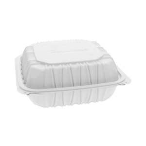 Pactiv Evergreen EarthChoice Vented Microwavable MFPP Hinged Lid Container, 3-Compartment, 8.5 x 8.5 x 3.1, White, Plastic, 146/Carton (PCTYCNW0853) View Product Image