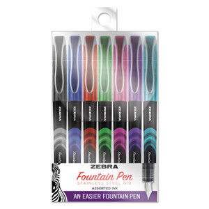 Zebra Fountain Pen, Fine 0.6 mm, Assorted Ink and Barrel Colors, 7/Pack