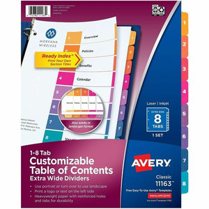 Avery Ready Index Extra-Wide Binder Dividers - Customizable Table of Contents - 8 Printed Tab(s) - Digit - 1-8 - 8 Tab(s)/Set