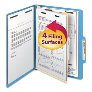 Smead Top Tab Classification Folders, Four SafeSHIELD Fasteners, 2" Expansion, 1 Divider, Letter Size, Blue Exterior, 10/Box