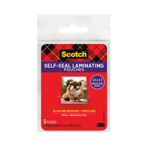 Scotch Self-Sealing Laminating Pouches, 9.5 mil, 2.81" x 3.75", Gloss Clear, 5/Pack (MMMPL903G) View Product Image