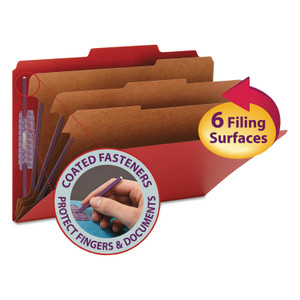 Smead Eight-Section Pressboard Top Tab Classification Folders, 8 SafeSHIELD Fasteners, 3 Dividers, Legal Size, Bright Red, 10/Box
