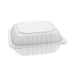 Pactiv Evergreen EarthChoice Vented Microwavable MFPP Hinged Lid Container, 8.5 x 8.5 x 3.1, White, Plastic, 146/Carton (PCTYCNW0851) View Product Image