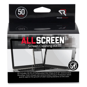 Read Right AllScreen Cleaning Kit with (1) 6 x 6 Microfiber Cloth, (50) 4 x 5 Individually Wrapped Pre-Saturated Wipes, Unscented, White