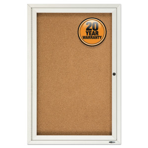 Quartet Enclosed Indoor Cork Bulletin Board with One Hinged Door, 24" x 36", Tan Surface, Satin Aluminum Frame