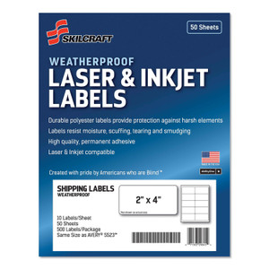 AbilityOne 7530016736220, SKILCRAFT Weatherproof Mailing Labels, Laser Printers, 2 x 4, White, 10/Sheet, 50 Sheets/Pack
