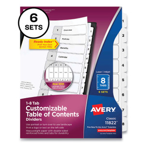 Avery Customizable Table of Contents Ready Index Black and White Dividers, 8-Tab, 1 to 8, 11 x 8.5, White, 6 Sets