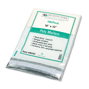 Quality Park Redi-Strip Poly Mailer, #4, Square Flap with Perforated Strip, Redi-Strip Adhesive Closure, 10 x 13, White, 100/Pack