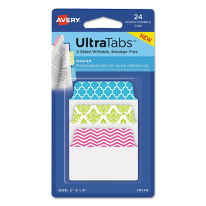 Avery Ultra Tabs Repositionable Tabs, Fashion Patterns: 2" x 1.5", 1/5-Cut, Assorted Colors, 24/Pack (AVE74774) View Product Image