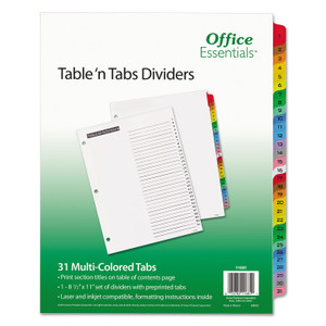 Office Essentials Table 'n Tabs Dividers, 31-Tab, 1 to 31, 11 x 8.5, White, Assorted Tabs, 1 Set