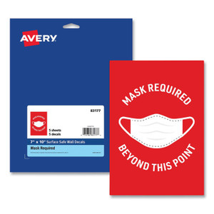 Avery Preprinted Surface Safe Wall Decals, 7 x 10, Mask Required Beyond This Point, Red Face, White Graphics, 5/Pack