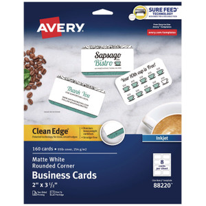 Avery Round Corner Print-to-the-Edge Business Cards, Inkjet, 2 x 3.5, White, 160 Cards, 8 Cards/Sheet, 20 Sheets/Pack
