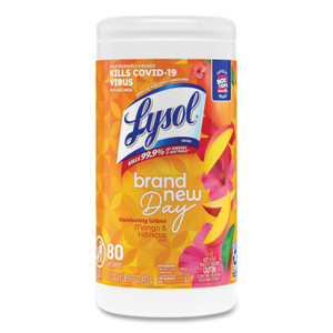 LYSOL Brand Disinfecting Wipes, 1-Ply, 7 x 7.25, Mango and Hibiscus, White, 80 Wipes/Canister (RAC97181EA) View Product Image