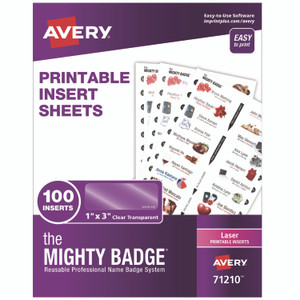 Avery The Mighty Badge Name Badge Inserts, 1 x 3, Clear, Laser, 20/Sheet, 5 Sheets/Pack