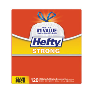 Hefty Strong Tall Kitchen Drawstring Bags, 13 gal, 23.75" x 27", White, 90/Box
