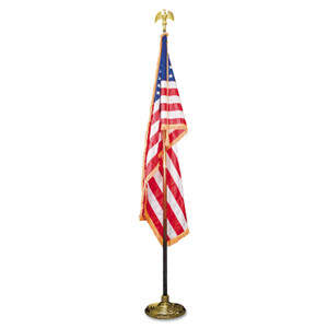 Advantus Deluxe U.S. Flag and Staff Set, 60" x 36" Flag, 8 ft Oak Staff, 2" Gold Fringe, 7" Goldtone Eagle, Heavyweight Nylon (AVTMBE031400) View Product Image