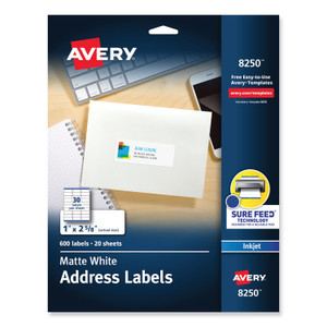 Avery Vibrant Inkjet Color-Print Labels w/ Sure Feed, 1 x 2.63, Matte White, 600/PK (AVE8250) View Product Image