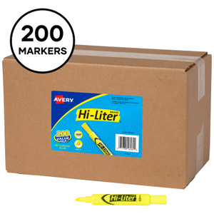 Avery HI-LITER Desk-Style Highlighters, Fluorescent Yellow Ink, Chisel Tip, Yellow/Black Barrel, 200/Box