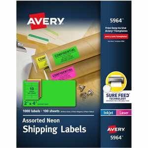 Avery 2"x 4" Neon Shipping Labels with Sure Feed, 1,000 Labels (5964) - 2" Width x 4" Length - Permanent Adhesive - Rectangle - Inkjet, Laser - Neon Magenta, Neon Green, Neon Yellow
