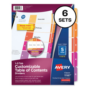 Avery Customizable TOC Ready Index Multicolor Tab Dividers, 5-Tab, 1 to 5, 11 x 8.5, White, Traditional Color Tabs, 6 Sets