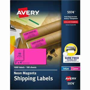 Avery 2" x 4" Neon Shipping Labels with Sure Feed, 1,000 Labels (5974) - 2" Width x 4" Length - Permanent Adhesive - Rectangle - Inkjet, Laser - Neon Magenta