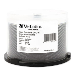 Verbatim DVD-R DataLife Plus Printable Recordable Disc, 4.7 GB,16x, Spindle, White, 50/Pack Verbatim DVD-R DataLife Plus Printable Recordable Disc, 4.7 GB,16x, Spindle, White, 50/Pack