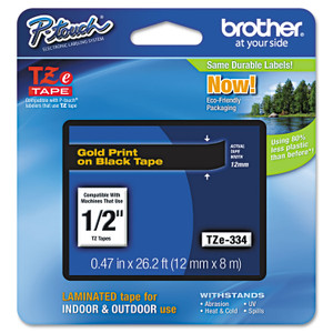 Brother P-Touch TZe Standard Adhesive Laminated Labeling Tape, 0.47" x 26.2 ft, Gold on Black (BRTTZE334) View Product Image