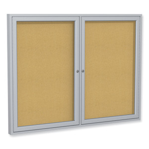Ghent 2 Door Enclosed Natural Cork Bulletin Board with Satin Frame, 72" x 36", Tan Surface, Satin Aluminum Frame