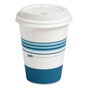 Perk Paper Hot Cup and Plastic Dome Lid Combo, 12 oz, White/Blue, 50/Pack