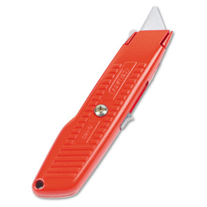 Stanley Interlock Safety Utility Knife with Self-Retracting Round Point Blade, 5.63" Metal Handle, Red Orange