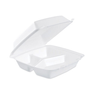 Dart Insulated Foam Hinged Lid Containers, 3-Compartment. 7.9 x 8.4 x 3.3, White, 200/Carton (DCC85HT3) View Product Image