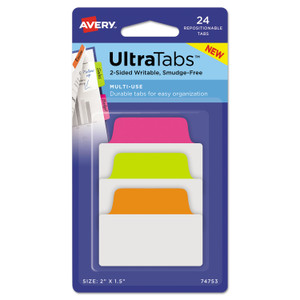 Avery Ultra Tabs Repositionable Tabs, Standard: 2" x 1.5", 1/5-Cut, Assorted Neon Colors, 24/Pack (AVE74753) View Product Image