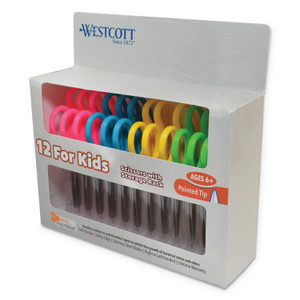 Westcott Kids' Scissors with Antimicrobial Protection, Pointed Tip, 5" Long, 2" Cut Length, Straight Assorted Color Handles, 12/Pack