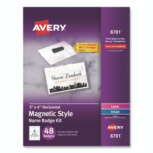 Avery Magnetic Style Name Badge Kit, Horizontal, 4" x 3", White, 48/Pack