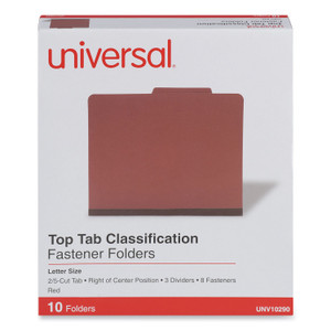 Universal Eight-Section Pressboard Classification Folders, 3" Expansion, 3 Dividers, 8 Fasteners, Letter Size, Red Exterior, 10/Box